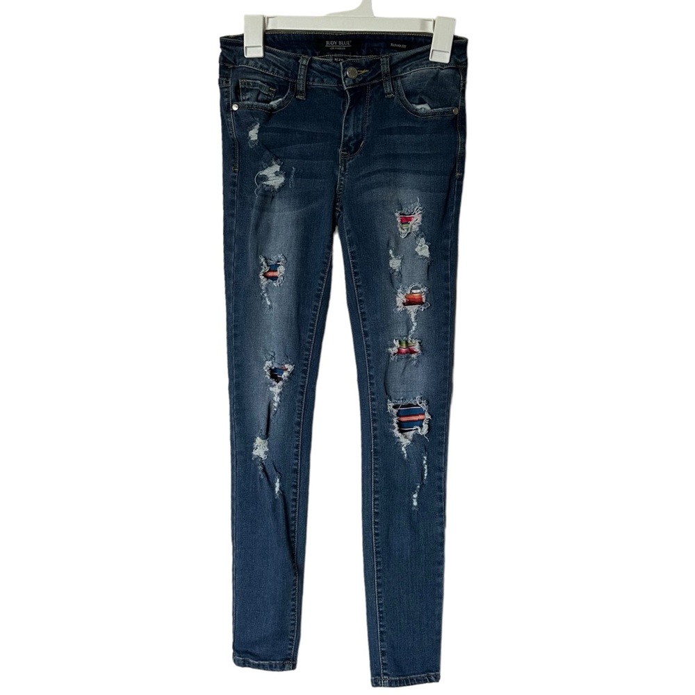 Judy Blue Stretch Distressed Skinny Jeans With Mexican Baja Exposed Fabric